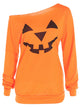 Women's printed pumpkin T-shirt Halloween long sleeve diagonal shoulder top