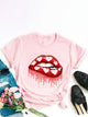 sexy leopard print lips t-shirt round neck short-sleeved T-shirt women's top