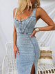 U-neck suspender distressed casual style denim dress
